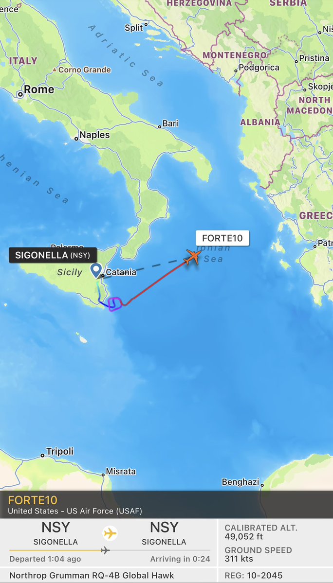 أقلعت القوات الجوية الأمريكية RQ-4B Global Hawk FORTE10 من محطة Sigonella الجوية البحرية في جنوب إيطاليا متجهة نحو البحر الأسود في ما يُرجح أنه أول رحلة مراقبة فوق البحر منذ تحطم الطائرة بدون طيار MQ-9 Surveillance Drone بالقرب من شبه جزيرة القرم يوم الثلاثاء