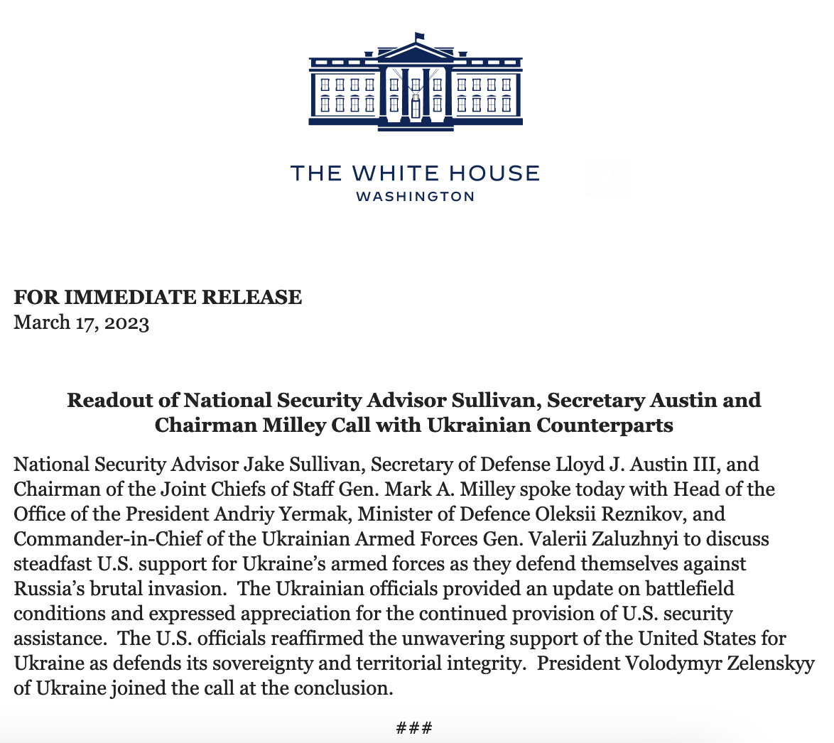 تحدث كل من NSC Sullivan وSecDef Austin ورئيس مجلس الإدارة ميلي مع نظرائهم الأوكرانيين. انضم الرئيسZelenskyyUa إلى المكالمة في الختام ، في البيت الأبيض