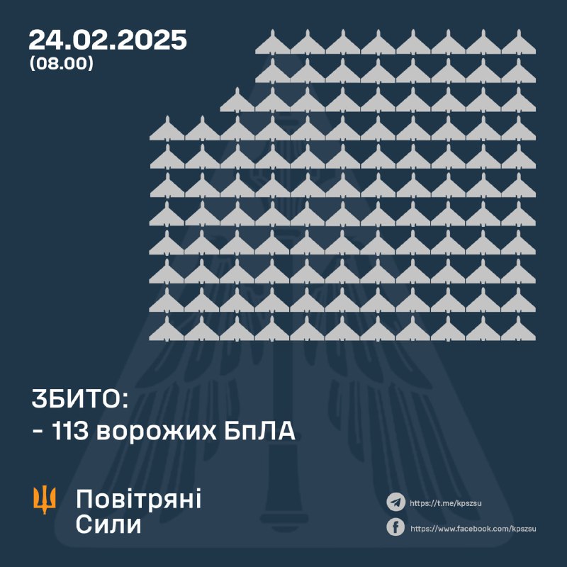 Украинские ПВО за ночь сбили 113 ударных беспилотников