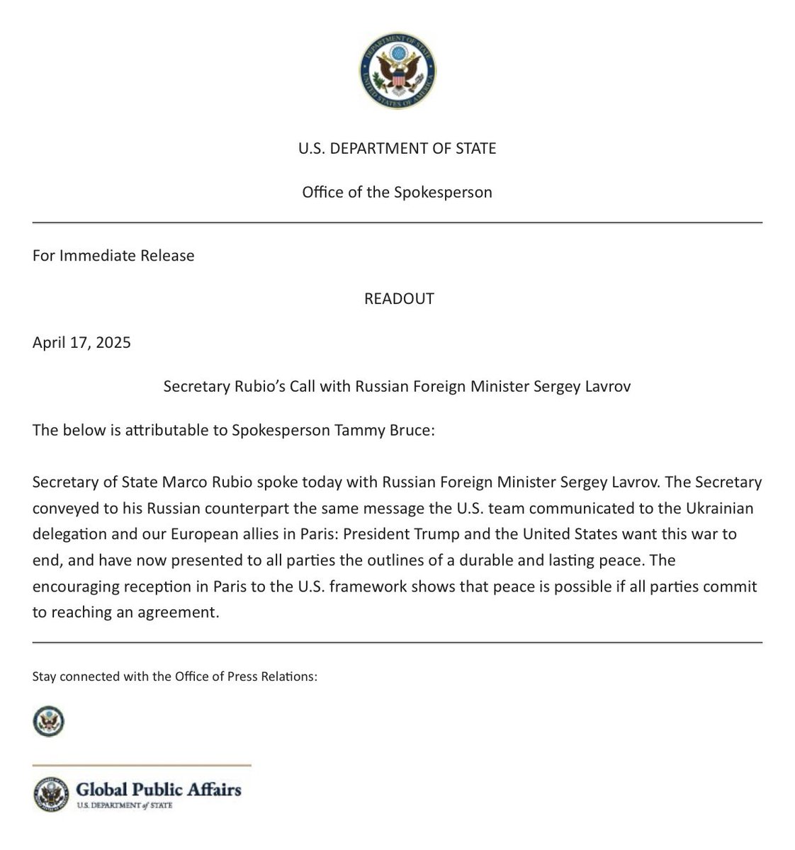El secretario Rubio habló por teléfono con el ministro de Asuntos Exteriores ruso, Serguéi Lavrov, el jueves, mientras se iniciaban las conversaciones paralelas en París con europeos y ucranianos. También afirma que el acuerdo marco estadounidense ha tenido una acogida positiva en París.