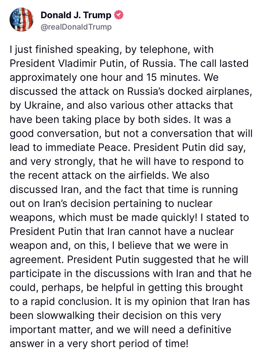 President Trump: I just finished speaking, by telephone, with President Putin, of Russia”