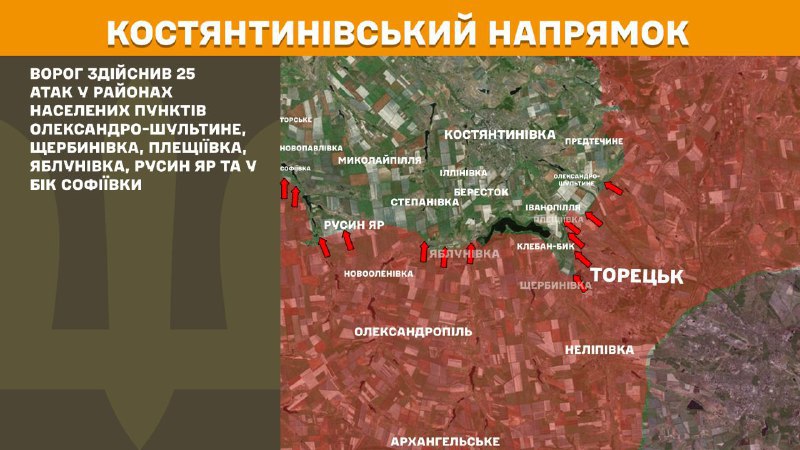 At Kostiantynivka direction clashes yesterday near Oleksandro-Shultyne, Scherbynivka, Pleschiyivka, Yablunivka, Rusyn Yar and towards Sofiyivka, - General Staff of Armed Forces of Ukraine reports