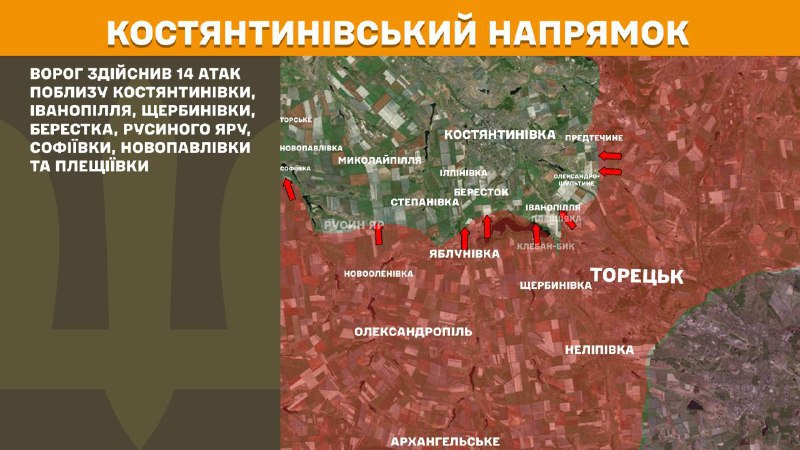 At Kostiantynivka direction clashes yesterday near Kostyantynivka, Ivanopillya, Scherbynivka, Berestok, Rusyn Yar, Sofiyivka, Novopavlivka and Pleschiyivka, - General Staff of Armed Forces of Ukraine reports