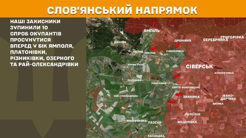 At Sloviansk direction clashes yesterday near Yampil, Platonivka, Riznykivka, Ozerne and Ray-Oleksandrivka, - General Staff of Armed Forces of Ukraine reports