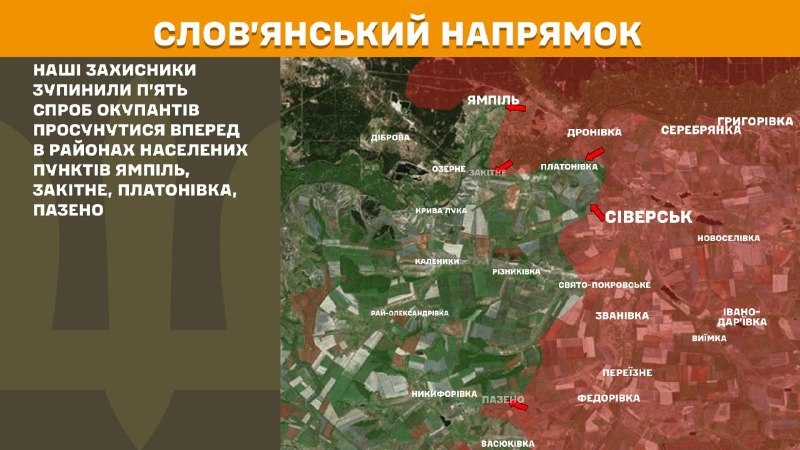 At Sloviansk direction clashes yesterday near Yampil, Zakitne, Platonivka, Pazeno, - General Staff of Armed Forces of Ukraine reports