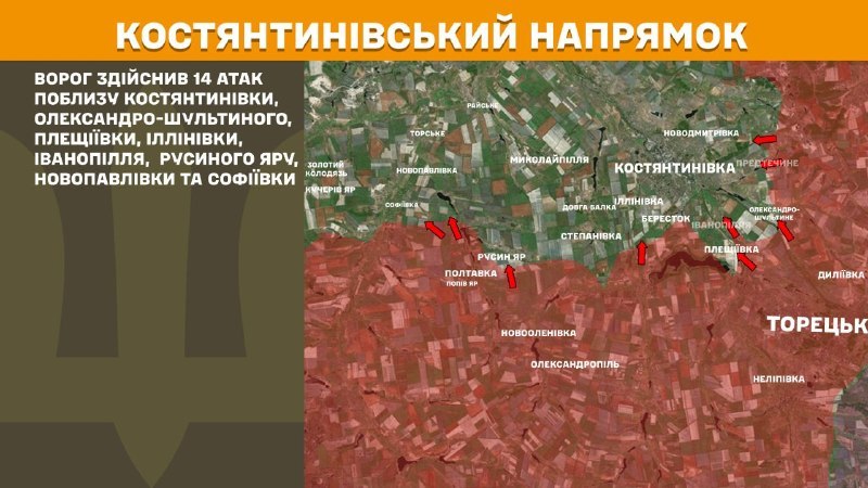 At Kostiantynivka direction clashes yesterday near Kostyantynivka, Oleksandro-Shultyne, Pleschiyivka, Illinivka, Ivanopillya, Rusyn Yar, Novopavlivka and Sofiyivka, - General Staff of Armed Forces of Ukraine reports
