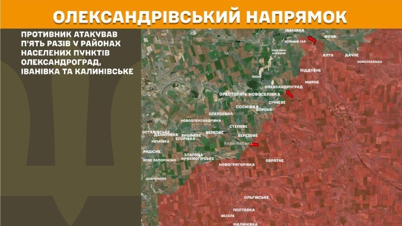 In der Richtung Oleksandrivka kam es gestern zu Zusammenstößen in der Nähe von Oleksandrohrad, Iwaniwka und Kalyniwske, berichtet der Generalstab der Streitkräfte der Ukraine