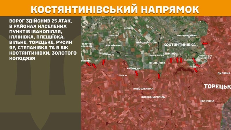 In der Richtung Kostjantyniwka kam es gestern zu Zusammenstößen in der Nähe von Iwanopillja, Illiniwka, Pleschijiwka, Wilne, Torezke, Rusyn Jar, Stepaniwka und in Richtung Kostjantyniwka, Solotyj Kolodjas, berichtet der Generalstab der Streitkräfte der Ukraine
