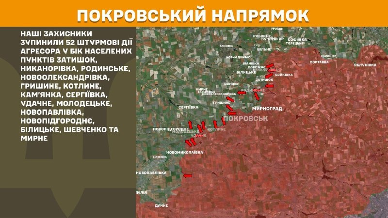 In der Richtung Pokrowsk kam es gestern zu Zusammenstößen in der Nähe von Zatyshok, Nykanorivka, Rodynske, Novooleksandrivka, Hryshyne, Kotlyne, Kamyanka, Serhiyivka, Udachne, Molodetske, Novopavlivka, Novopidhorodnye, Bilytske, Shevchenko und Myrne, berichtet der Generalstab der Streitkräfte der Ukraine