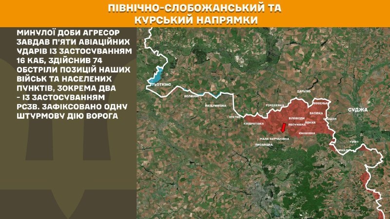 На Курському та Північно-Слобожанському (Сумському) напрямках українські війська відбили один наступ російської армії, – повідомляє Генеральний штаб Збройних сил України