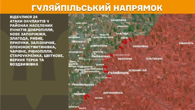 На Гуляйпільському напрямку вчора бойові дії тривали біля Добропілля, Нове Запоріжжя, Злагоди, Рибного, Прилук, Залізничного, Оленокостянтинівки, Чарівного, Рівнопілля, Староукраїнки, Цвіткового, Верхньої Терси та Воздвижівки, - повідомляє Генштаб ЗСУ.