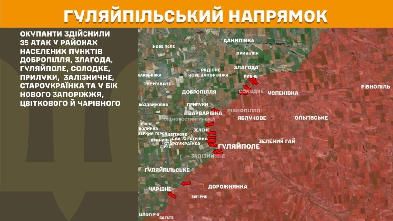 In der Richtung Huliaipole kam es gestern zu Zusammenstößen in der Nähe von Dobropillya, Zlahoda, Huliaipole, Solodke, Pryluky, Zaliznychne, Staroukrayinka und in Richtung Nove Zaporizhzhya, Tsvitkove und Charivne, berichtet der Generalstab der Streitkräfte der Ukraine