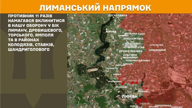Gestern kam es in Richtung Lyman zu Zusammenstößen bei Lyman, Drobysheve, Torske, Yampil und bei Kolodyazi, Stavky, Shandryholove, wie der Generalstab der Streitkräfte der Ukraine mitteilte.