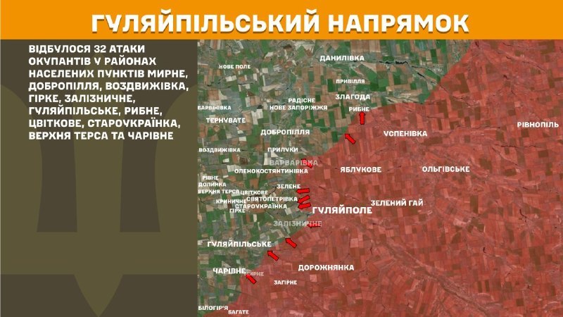 In der Richtung Huliaipole kam es gestern zu Zusammenstößen in der Nähe von Myrne, Dobropillya, Vozdvyzhivka, Hirke, Zaliznychne, Huliaipilske, Rybne, Tsvitkove, Staroukrayinka, Werchnja Tersa und Charivne, berichtet der Generalstab der Streitkräfte der Ukraine