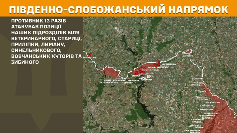 In der Richtung Süd-Slobozhansky (Charkiw) kam es gestern zu Zusammenstößen in der Nähe von Veterynarne, Starytsa, Prylipka, Lyman, Synelnykove, Vovchanski Khutory und Zybyne, berichtet der Generalstab der Streitkräfte der Ukraine