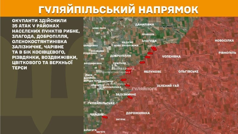 In der Richtung Huliaipole kam es gestern zu Zusammenstößen in der Nähe von Rybne, Zlahoda, Dobropillya, Olenokostyantyniwka, Zaliznychne, Charivne und in Richtung Kosivtseve, Rizvdyanka, Vozdvyzhivka, Tsvitkove und Werchna Tersa, berichtet der Generalstab der Streitkräfte der Ukraine