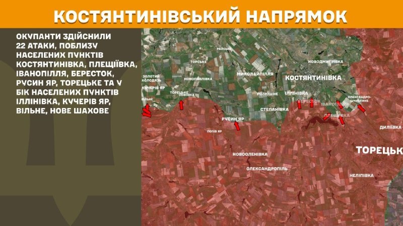 In der Richtung Kostjantyniwka kam es gestern zu Zusammenstößen in der Nähe von Kostjantyniwka, Pleschijiwka, Iwanopillja, Berestok, Rusyn Jar, Torezke und in Richtung Illiniwka, Kucheriw Jar, Wilne, Nowe Schachowe, berichtet der Generalstab der Streitkräfte der Ukraine