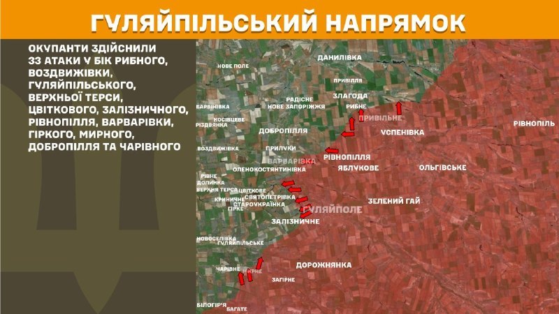 In der Richtung Huliaipole kam es gestern zu Zusammenstößen in der Nähe von Rybne, Vozdvyzhivka, Huliaipilske, Werchna Tersa, Tsvitkove, Zaliznychne, Rivnopillya, Varvarivka, Hirke, Myrne, Dobropillya und Charivne, berichtet der Generalstab der Streitkräfte der Ukraine